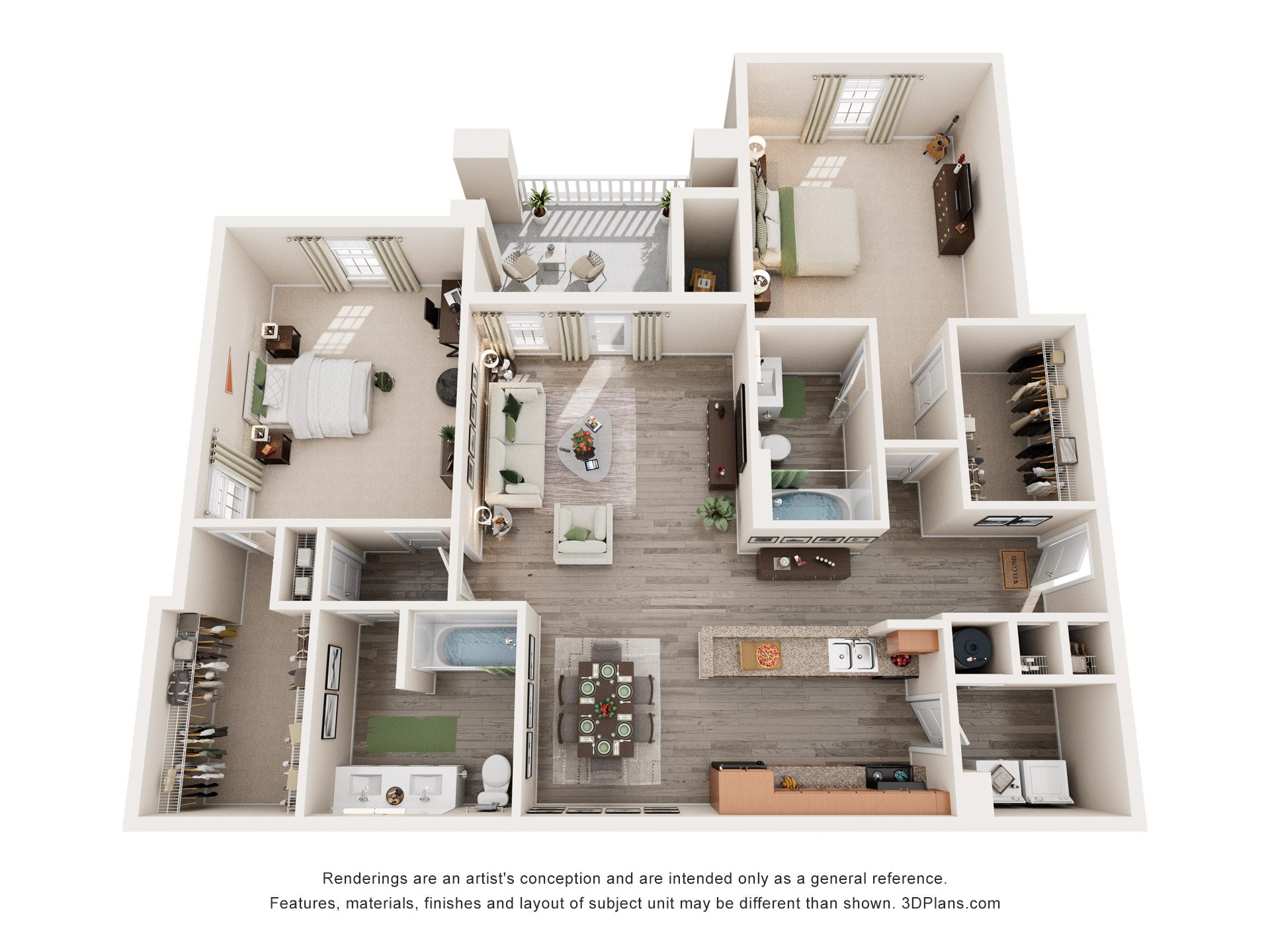 Floor plan for 2 beds, 2 baths, 1336 sqft